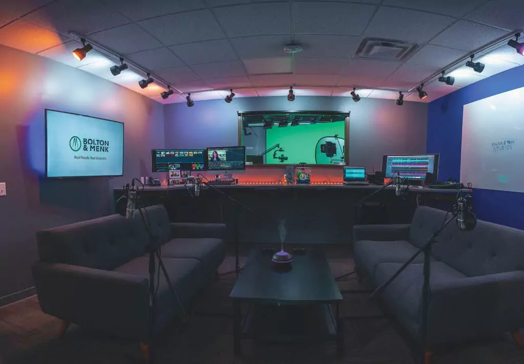 Bolton & Menk's creative studio with couches and recording devices