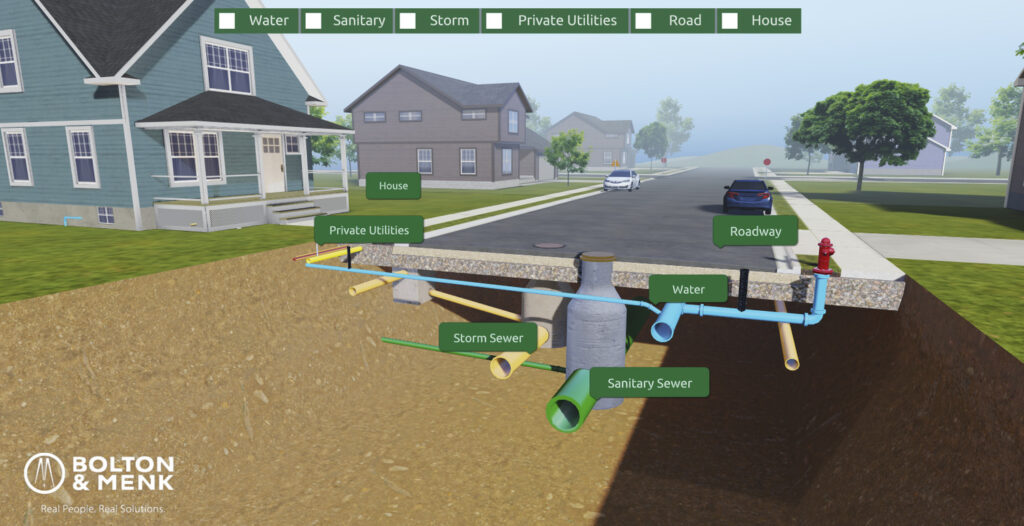 A cross-section diagram titled “What’s Under My Street” shows underground utility lines—water, sanitary sewer, storm sewer, and private utilities—beneath a road and houses. A fire hydrant, utility labels, and the Bolton & Menk logo are also visible.