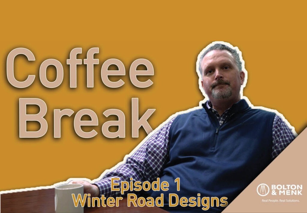 Coffee break episode 1 graphic with man in blue vest on yellow background