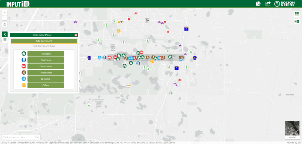 A digital map interface displays various icons along a central road, representing different comment types. Using INPUTiD: Engage Your Community, the sidebar menu lets users select categories like Resident, Business, Commuter, Pedestrian, Bicyclist, and Other.