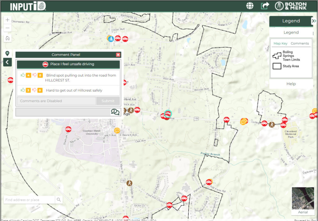 Discover INPUTiD as a digital map displays roadways, landmarks, and user comments about unsafe driving on Hillcrest St. Icons mark boiling springs, stop signs, and study areas; a comment panel highlights safety concerns.