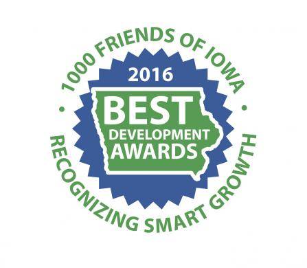 Circular badge showing 1000 Friends of Iowa 2016 Best Development Awards with a map outline of Iowa. The text reads Recognizing Smart Growth.
