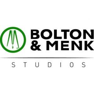 Logo with Bolton & Menk Studios in bold black text. A green circle on the left contains a stylized drawing tool forming the letter M.