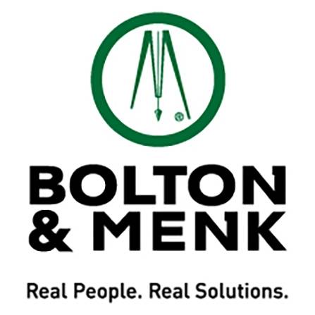 Logo of Bolton & Menk featuring a green circle with abstract drafting tools inside. Below, the text reads BOLTON & MENK in bold and Real People. Real Solutions. in smaller font.