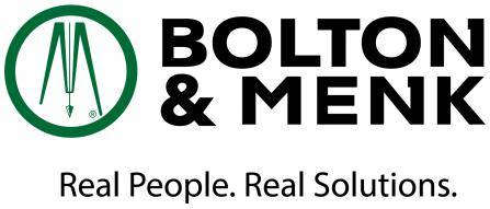 Logo for Bolton & Menk featuring a green circle with stylized drawing tools inside, and the text BOLTON & MENK in bold, black letters. Below, the tagline reads Real People. Real Solutions.