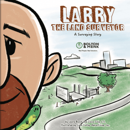 Cartoon cover titled Larry the Land Surveyor featuring an illustrated bald man with a cityscape and hills in the background. Theres a playful green worm on the bottom left. авторы и иллюстрации перечислены ниже.