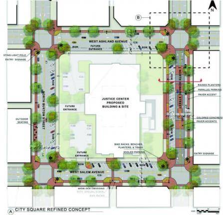Map showing the City Square refined concept plan with proposed Justice Center, labeled streets, and features like bike racks, benches, raised planters, trees, and seating areas. Paths and entrances are marked with arrows.