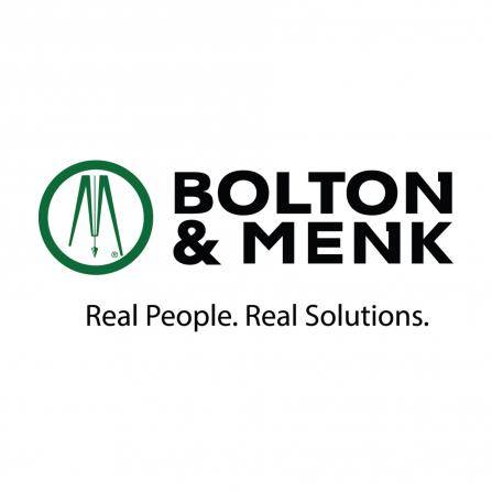 Logo with a green circle and stylized BM inside, to the left of the words BOLTON & MENK in black capital letters. Below, in smaller font, the slogan reads Real People. Real Solutions.