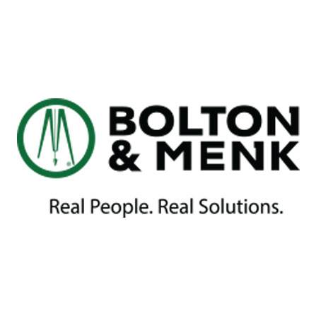 Logo of Bolton & Menk with a green, circular icon to the left showing stylized drawing instruments. The text reads BOLTON & MENK in bold black letters and beneath it, the slogan Real People. Real Solutions.
