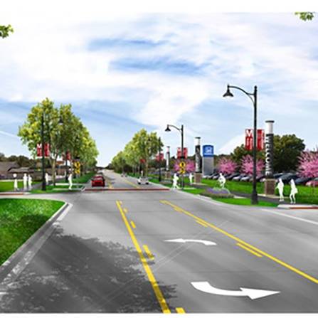 A digitally rendered image of a suburban street with two lanes and turning arrows. Trees line both sides, and there are red banners on lamp posts. Sidewalks and flowering trees are visible under a partly cloudy sky.
