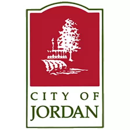 Red logo with a white tree and river, City of Jordan