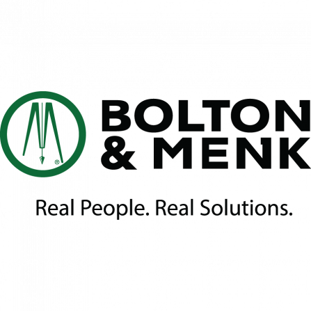 Logo of Bolton & Menk with a green circle containing abstract line designs on the left. The text BOLTON & MENK is bold and black, with the tagline Real People. Real Solutions in smaller letters underneath.