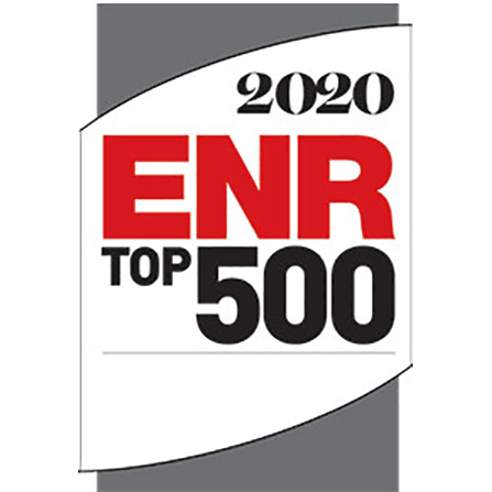 Logo featuring 2020 ENR Top 500 in bold black and red letters on a white and gray background, representing a list of top engineering firms.
