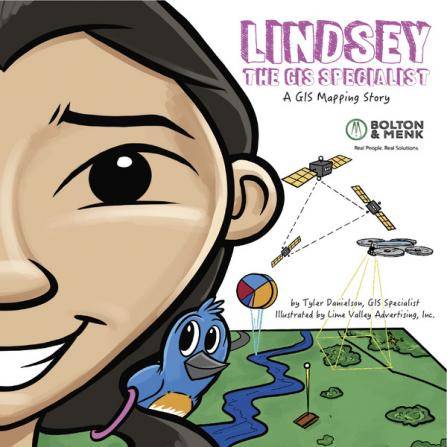 Illustrated book cover titled Lindsey the GIS Specialist: A GIS Mapping Story. It features a close-up of a girls face, a satellite, a small bird, and a river on a landscape. Bolton & Menk logo is in the top right corner.