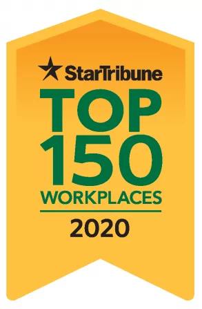 A yellow badge with a black star and the words Star Tribune TOP 150 WORKPLACES 2020 in black and green text.