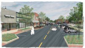 streetscape rendering with bikers, cars, buildings, and restaurants