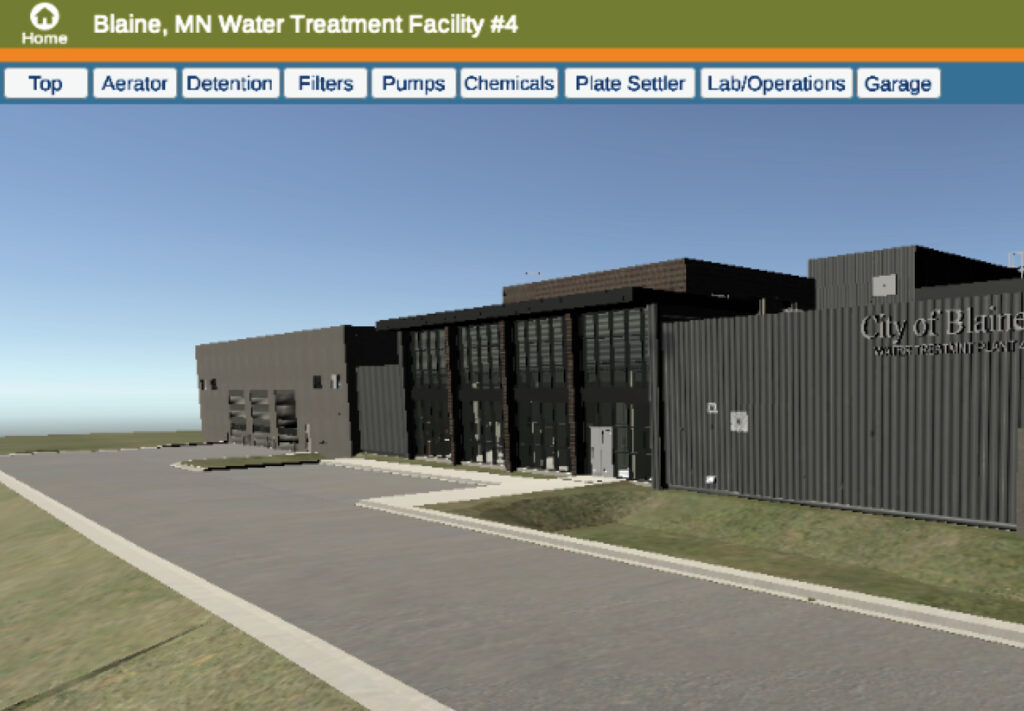 A 3D digital model of the Blaine, MN water treatment facility shows a modern gray building with large black windows, garage doors, and labeled navigation tabs at the top for exploring different areas of the facility.