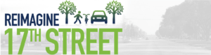 reimagine 17th street graphic with cars, pedestrians, and trees