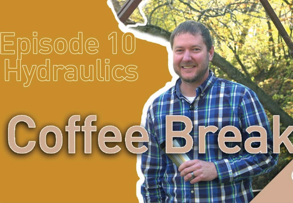 coffee break episode 10 hydraulics graphic with man in plaid shirt holding coffee