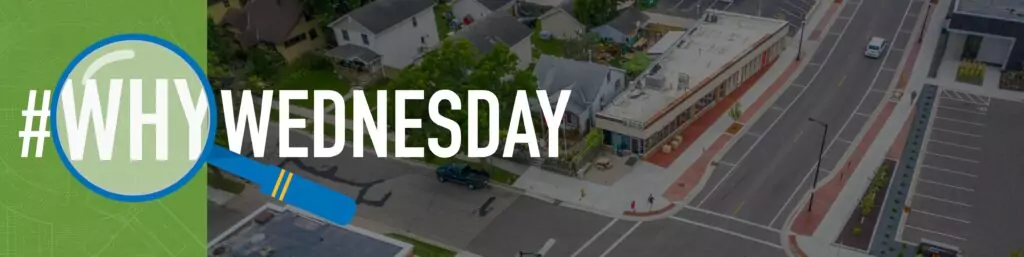 Aerial view of a small urban area showcasing ADA-compliant solutions in its roadways, buildings, and greenery. A transparent green panel on the left features a blue magnifying glass, highlighting the text #WHY WEDNESDAY.