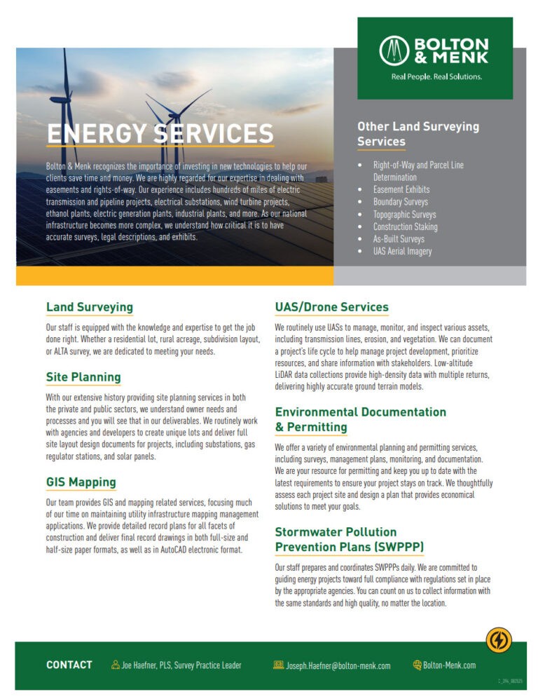 An informational flyer from Bolton & Menk about Energy Services and land surveying, detailing services like site planning, environmental documentation, and UAS/drone services, with contact info and company branding.