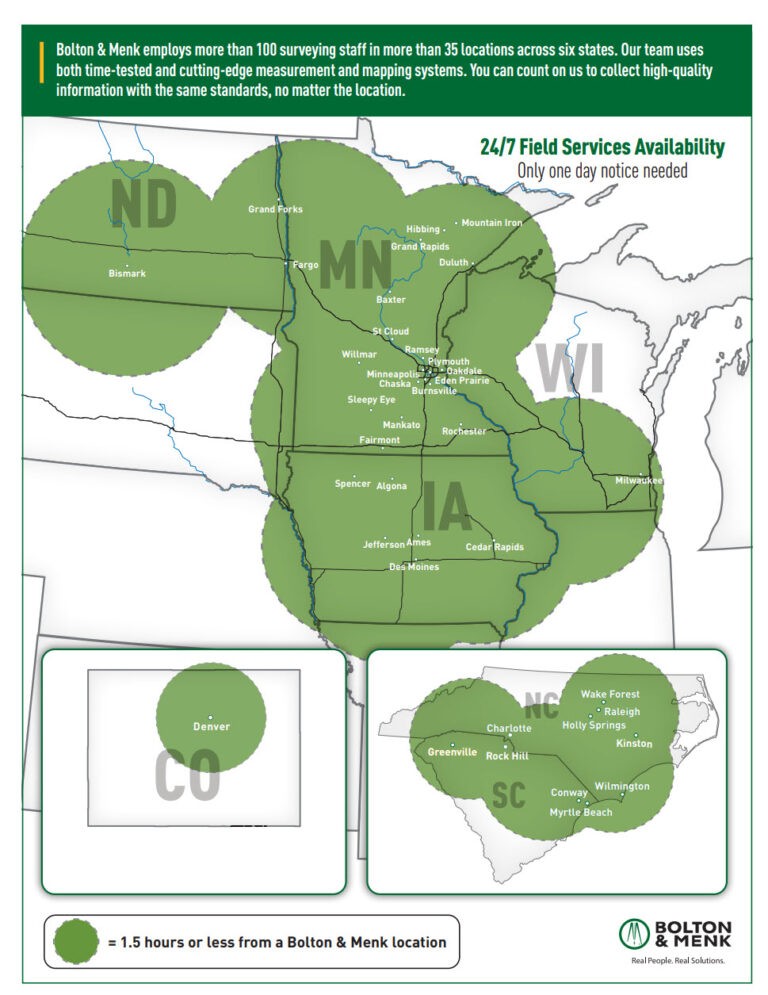 A map of the central and eastern US shows 1.5-hour service areas around Bolton & Menk offices in ND, MN, WI, CO, NC, SC, and GA, highlighting rapid field and Energy Services availability.