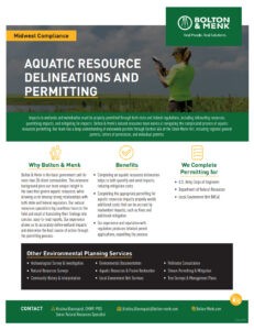 Flyer with green and yellow accents, titled Aquatic Resource Delineation and Permitting. It highlights benefits, permitting services, and contact info for Bolton & Menk, your trusted partner in environmental and engineering solutions.