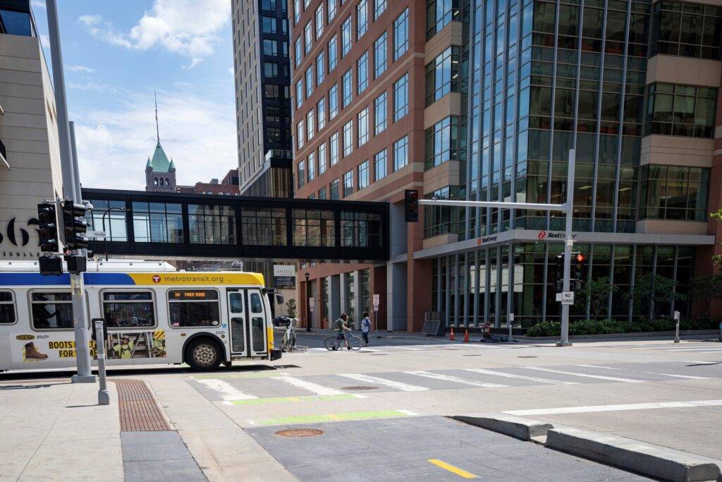 Improvements at the Nicollet Mall Metro Transit bus route are separated by a cast-in-place curb to maintain the bikeway’s separation from traffic
