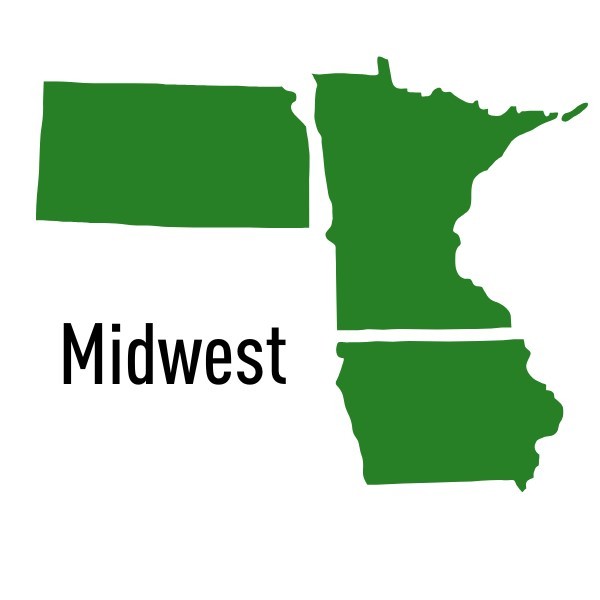 A simple map shows four green states representing the Midwest region of the U.S.