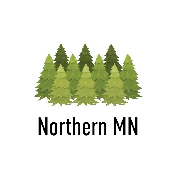 Illustration of a cluster of evergreen trees in various shades of green above the words Northern MN.