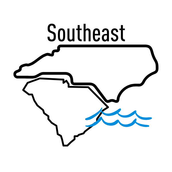 Outline of North Carolina and South Carolina labeled Southeast, with blue waves along the southeastern border symbolizing the ocean.