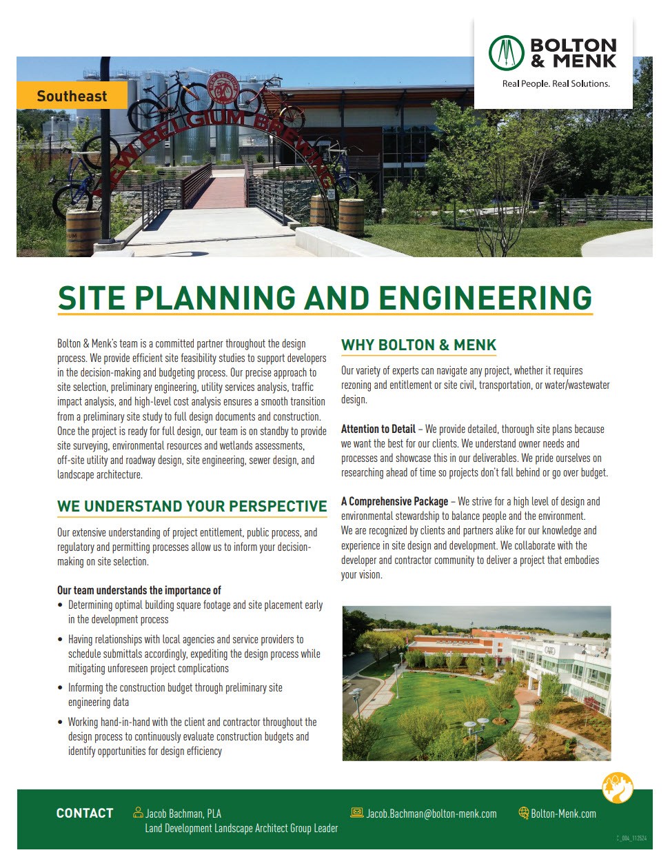 An informational flyer for Bolton & Menk’s Southeast Site Planning and Engineering services, featuring a photo of a landscaped walkway and bridge, their logo, contact info, and sections outlining their expertise and approach.