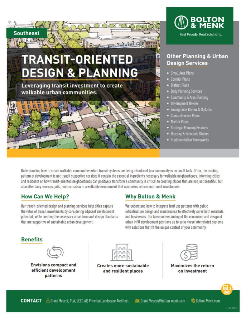 A flyer for Bolton & Menk on Southeast Transit-Oriented Design and Planning features an aerial illustration of a walkable community with green space and buildings, service descriptions, benefits, contact info, and a green banner with the company logo at the top.