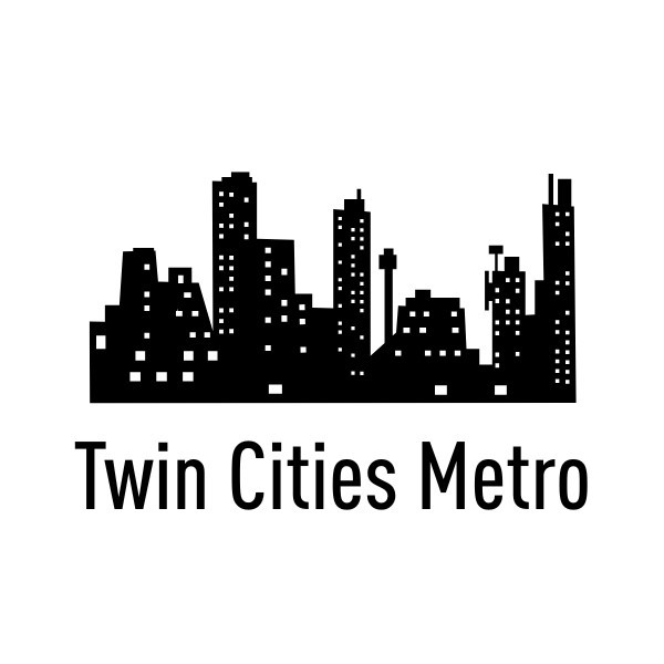 Black silhouette of a city skyline with various buildings above the words Twin Cities Metro on a white background.