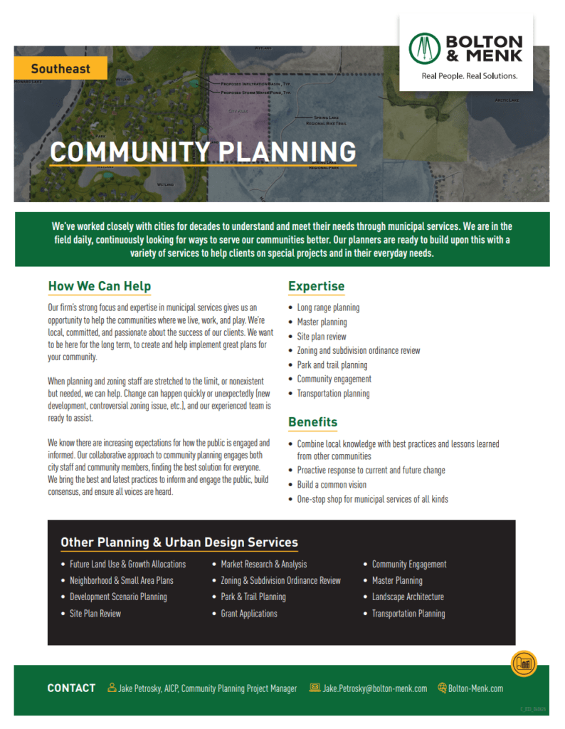 A brochure for Bolton & Menk’s Community Planning services in the Southeast region, highlighting planning expertise, benefits, and related services with company branding, contact info, and a map background at the top.