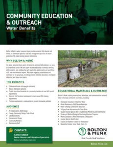 A flyer for Bolton & Menk’s Community Education & Outreach on water benefits, highlighting why to choose their services, target audience, and available educational materials. Contact info for Katie Faber is provided at the bottom.
