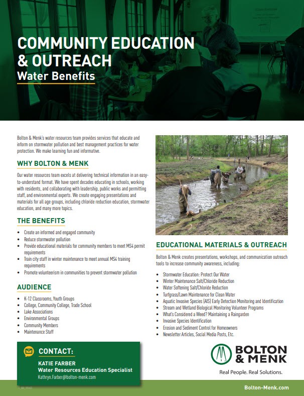 A flyer for Bolton & Menk’s Community Education & Outreach on water benefits, highlighting why to choose their services, target audience, and available educational materials. Contact info for Katie Faber is provided at the bottom.