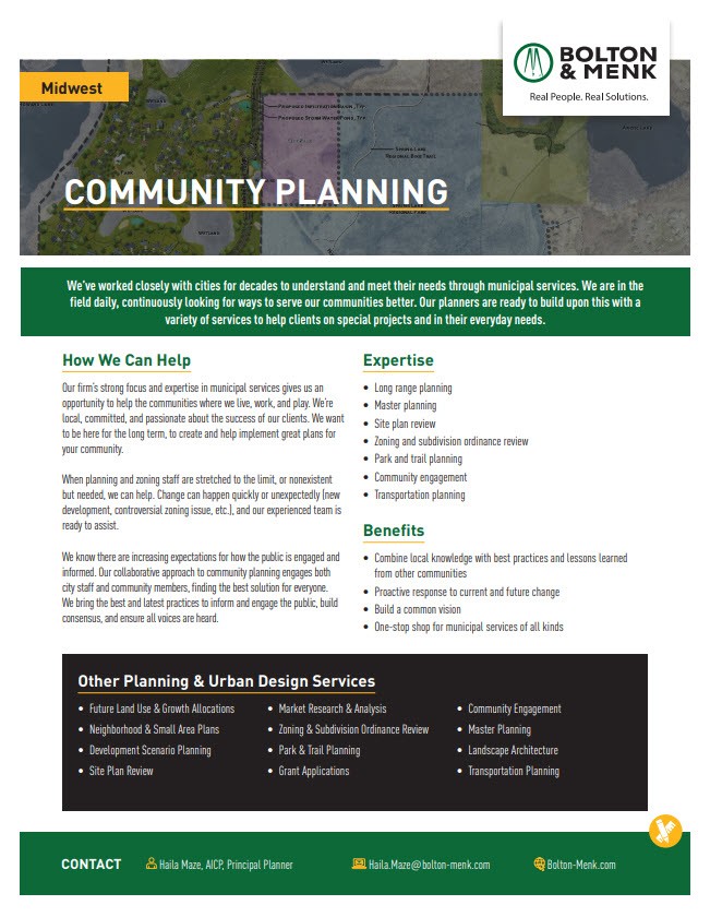 A flyer for Bolton & Menk’s Community Planning services highlights their expertise, benefits, and additional planning solutions, with green and yellow accents. Includes contact info for Haila Maze, AICP, Principal Planner.