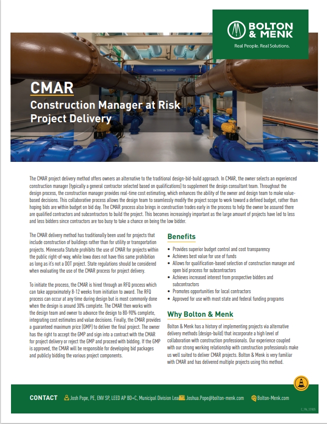 A Bolton & Menk flyer titled CMAR (Construction Manager at Risk) Project Delivery features industrial pipes, company branding, a service summary, a list of benefits, and Josh Pope, PE's contact info in the lower green banner.