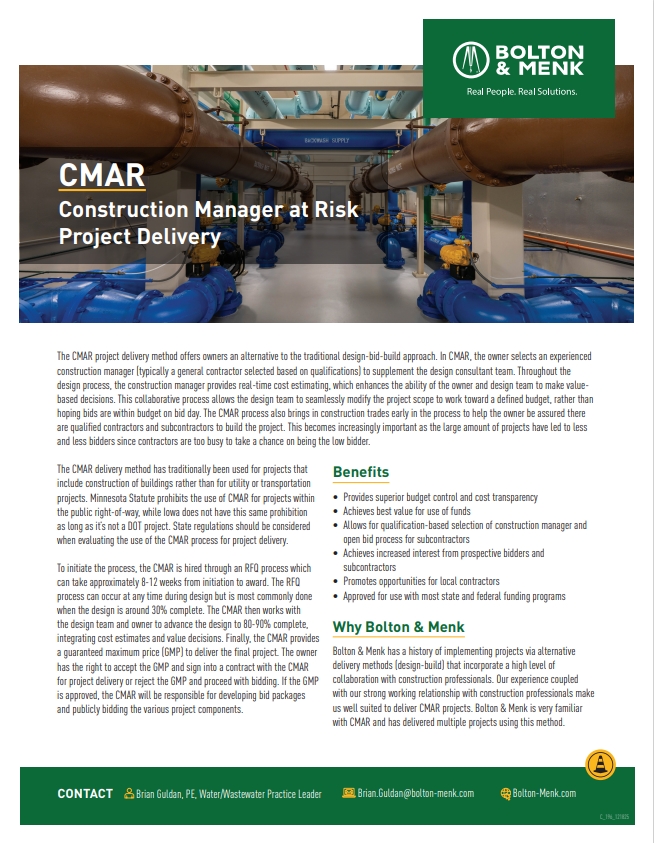 A Bolton & Menk flyer titled CMAR (Construction Manager at Risk) Project Delivery features industrial pipes, project management experience, and details on the CMAR method and its benefits.