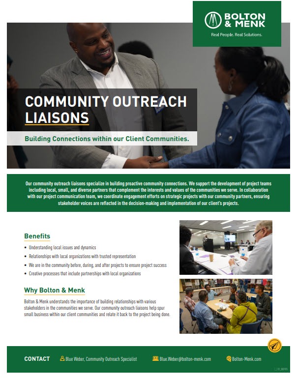 A flyer for Bolton & Menk titled Community Outreach Liaisons features people shaking hands, diverse groups interacting, benefit highlights, and contact information at the bottom—showcasing the importance of Building Community Trust. The company logo is in the top right corner.