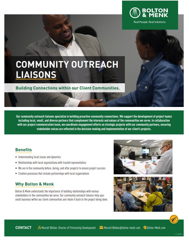 A flyer for Bolton & Menk promoting “Community Outreach Liaisons” with images of professionals in discussion, benefits listed, and a focus on Building Community Trust. Contact Marcell Walker, Director of Partnership Development, at the bottom.