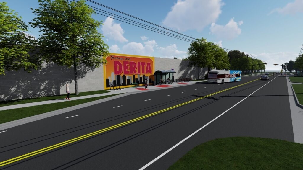 graphic of shopping center with a road and bus in front of it