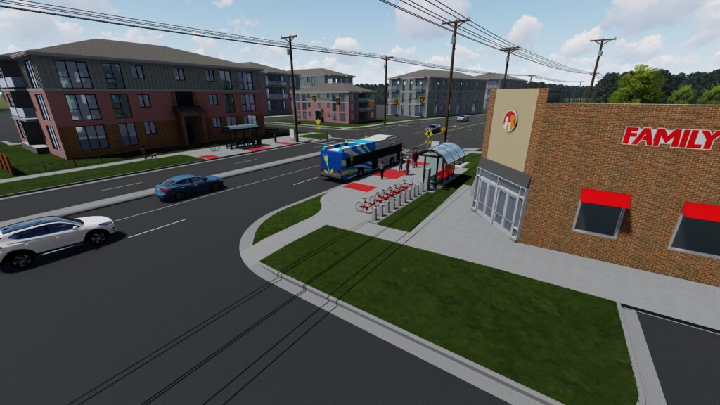 graphic of shopping center with a road and bus in front of it
