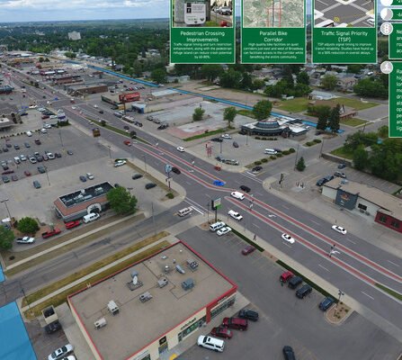 Birds eye view of a busy intersection set amongst stores and their parking lots