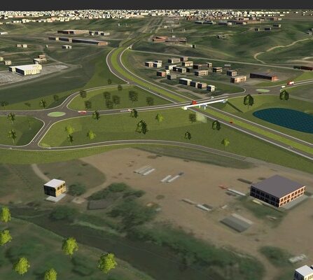 Visualization of roundabouts in rural area with fields and small neighborhoods surrounding