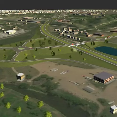 Visualization of roundabouts in rural area with fields and small neighborhoods surrounding