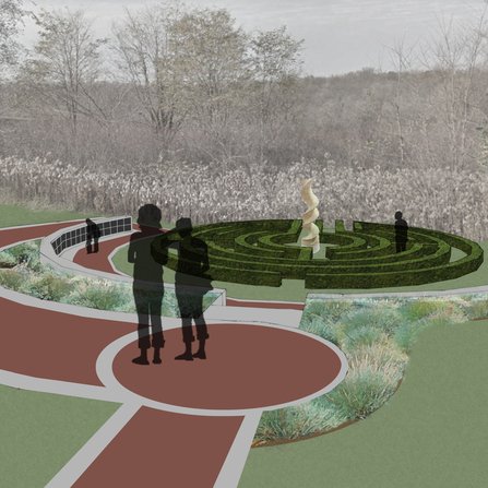 Graphic of a shrub maze landscape feature with a surrounding sidewalk.