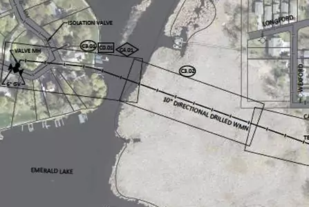 A map highlighting the watermain route through town