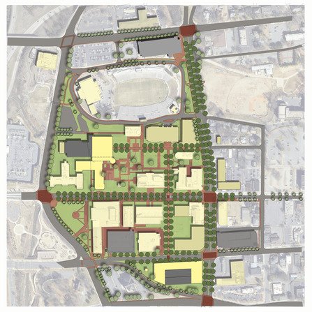 Aerial architectural plan of a campus with multiple buildings, pathways, and green areas. The design includes a stadium, parking spaces, and trees lining the streets and open spaces. The layout is organized with various connected structures.